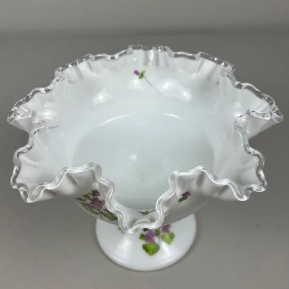 Fenton Milk Glass Violets in the Snow Ruffled Silver Crest Pedestal Compote Bowl
